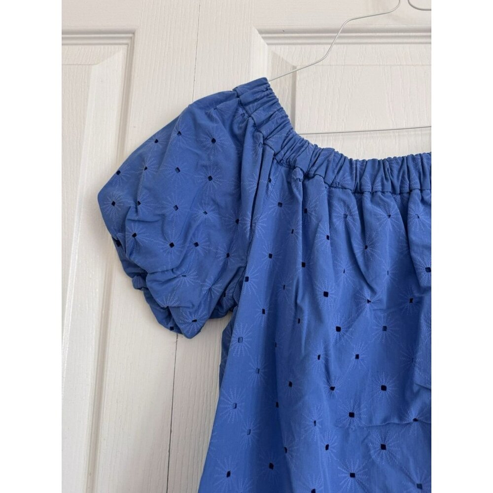 Zara Blue Off Shoulder Dress M Puff Lantern Sleeve Eyelet Pocket Boho Mini - Picture 3 of 8